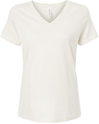 Am image of a Custom Bella and Canvas Ladies' Relaxed Jersey V Neck T Shirt in White!