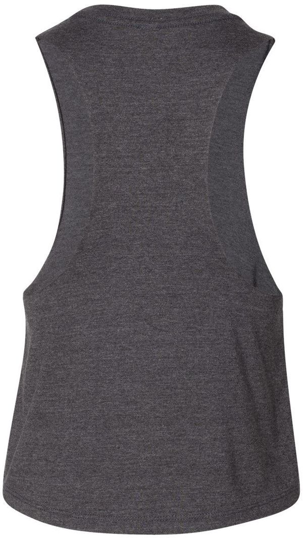 Am image of a Custom Bella and Canvas Ladies Racerback Cropped Tank in Dark Grey Heather!
