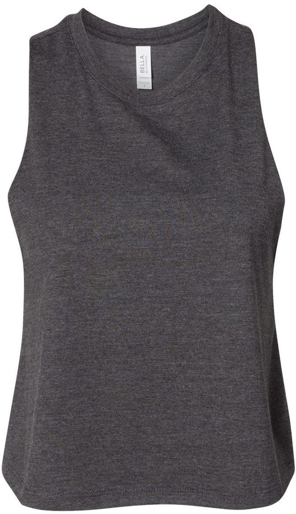 Am image of a Custom Bella and Canvas Ladies Racerback Cropped Tank in Dark Grey Heather!