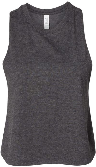 Am image of a Custom Bella and Canvas Ladies Racerback Cropped Tank in Dark Grey Heather!