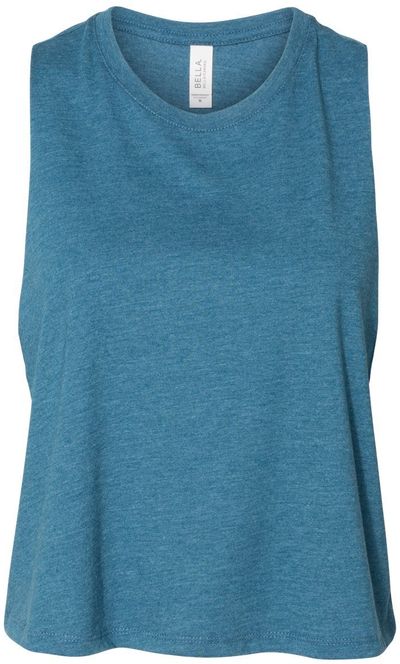 Am image of a Custom Bella and Canvas Ladies Racerback Cropped Tank in Heather Deep Teal!