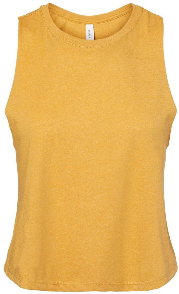 Am image of a Custom Bella and Canvas Ladies Racerback Cropped Tank in Heather Mustard!