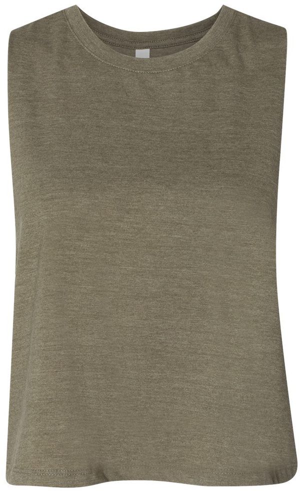 Am image of a Custom Bella and Canvas Ladies Racerback Cropped Tank in Heather Olive!