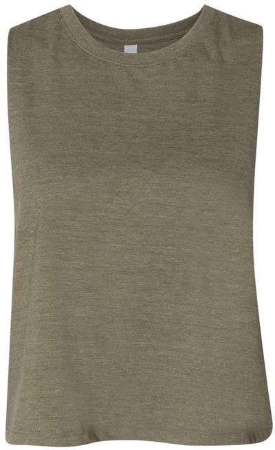 Am image of a Custom Bella and Canvas Ladies Racerback Cropped Tank in Heather Olive!