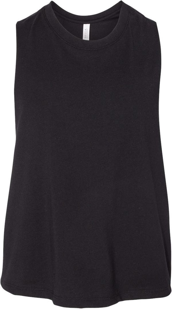 Am image of a Custom Bella and Canvas Ladies Racerback Cropped Tank in Solid Black Blend!