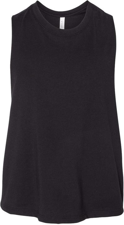 Am image of a Custom Bella and Canvas Ladies Racerback Cropped Tank in Solid Black Blend!