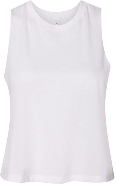 Am image of a Custom Bella and Canvas Ladies Racerback Cropped Tank in Solid White Blend!