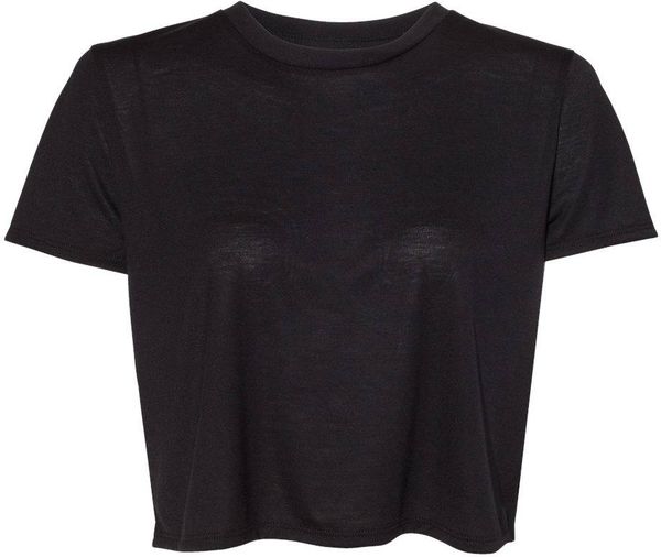 Am image of a Custom Bella and Canvas Women's Flowy Cropped Tee in Black!