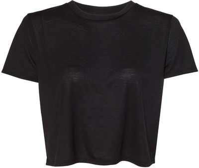 Am image of a Custom Bella and Canvas Women's Flowy Cropped Tee in Black!