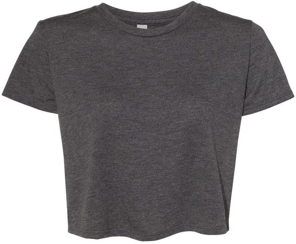 Am image of a Custom Bella and Canvas Women's Flowy Cropped Tee in Dark Heather Grey!
