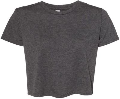 Am image of a Custom Bella and Canvas Women's Flowy Cropped Tee in Dark Heather Grey!