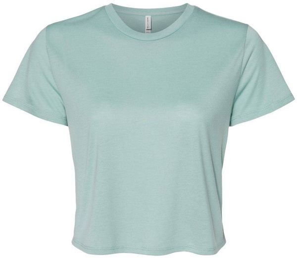 Am image of a Custom Bella and Canvas Women's Flowy Cropped Tee in Dusty Blue!