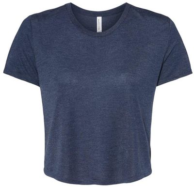 Am image of a Custom Bella and Canvas Women's Flowy Cropped Tee in Heather Navy!