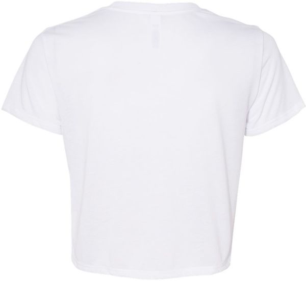 Am image of a Custom Bella and Canvas Women's Flowy Cropped Tee in White!