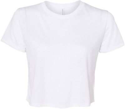 Am image of a Custom Bella and Canvas Women's Flowy Cropped Tee in White!