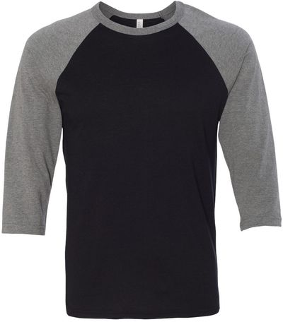 Am image of a Custom Bella and Canvas Baseball T Shirt in Black/ Deep Heather!