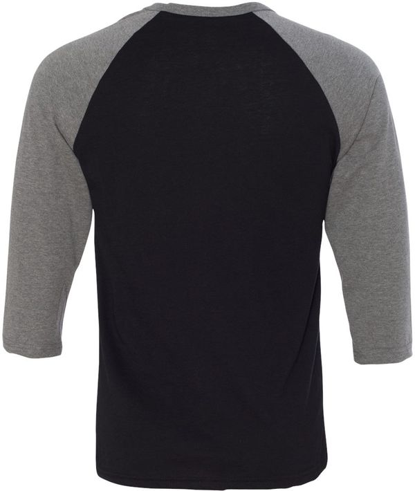 Am image of a Custom Bella and Canvas Baseball T Shirt in Black/ Deep Heather!