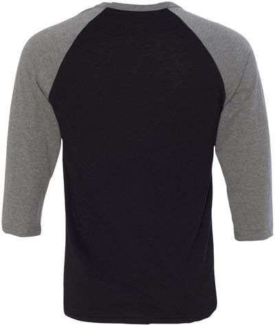 Am image of a Custom Bella and Canvas Baseball T Shirt in Black/ Deep Heather!