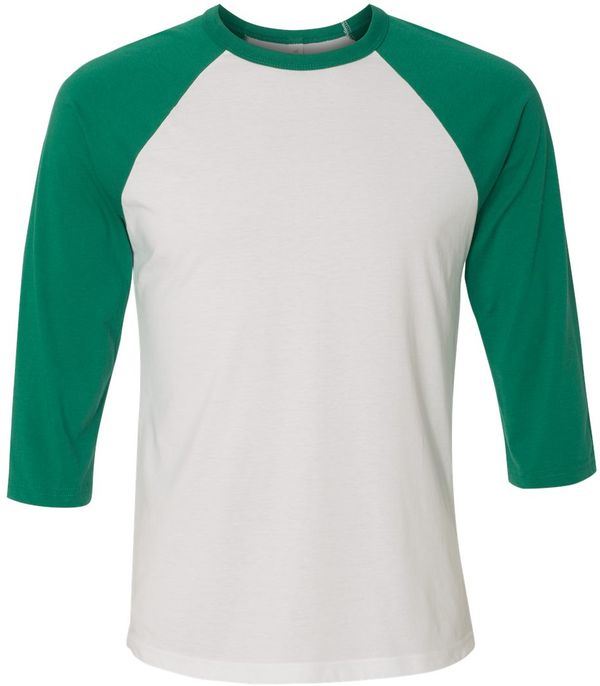 Am image of a Custom Bella and Canvas Baseball T Shirt in White/Kelly!