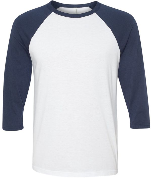 Am image of a Custom Bella and Canvas Baseball T Shirt in White/Navy!