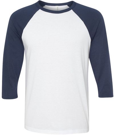 Am image of a Custom Bella and Canvas Baseball T Shirt in White/Navy!