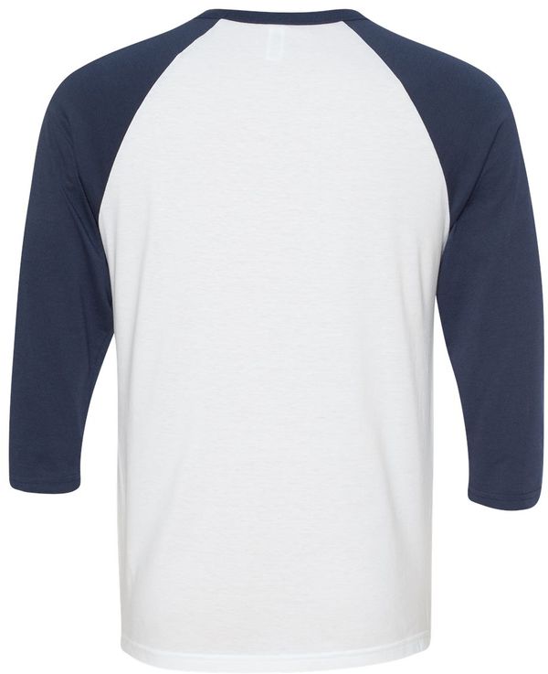 Am image of a Custom Bella and Canvas Baseball T Shirt in White/Navy!