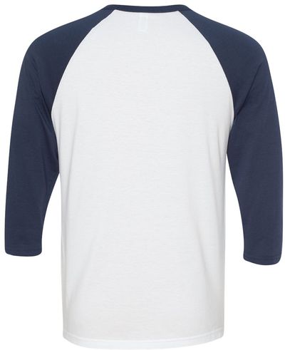 Am image of a Custom Bella and Canvas Baseball T Shirt in White/Navy!