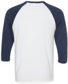 Am image of a Custom Bella and Canvas Baseball T Shirt in White/Navy!