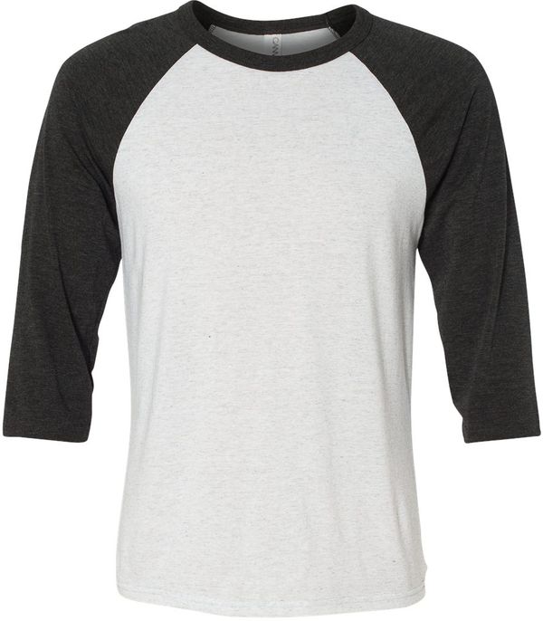 Am image of a Custom Bella and Canvas Baseball T Shirt in White Fleck/Charcoal Triblend!
