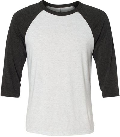 Am image of a Custom Bella and Canvas Baseball T Shirt in White Fleck/Charcoal Triblend!