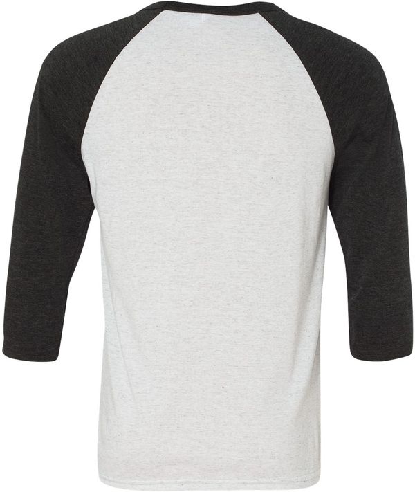 Am image of a Custom Bella and Canvas Baseball T Shirt in White Fleck/Charcoal Triblend!