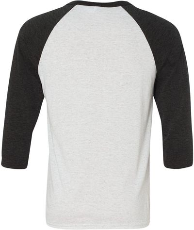 Am image of a Custom Bella and Canvas Baseball T Shirt in White Fleck/Charcoal Triblend!