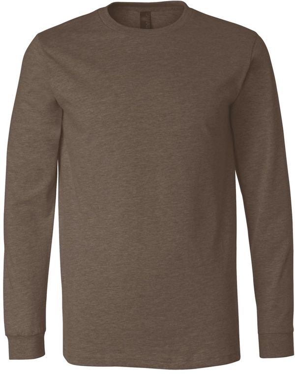 Am image of a Custom Bella and Canvas Heather CVC Long Sleeve T Shirts in Heather Brown!