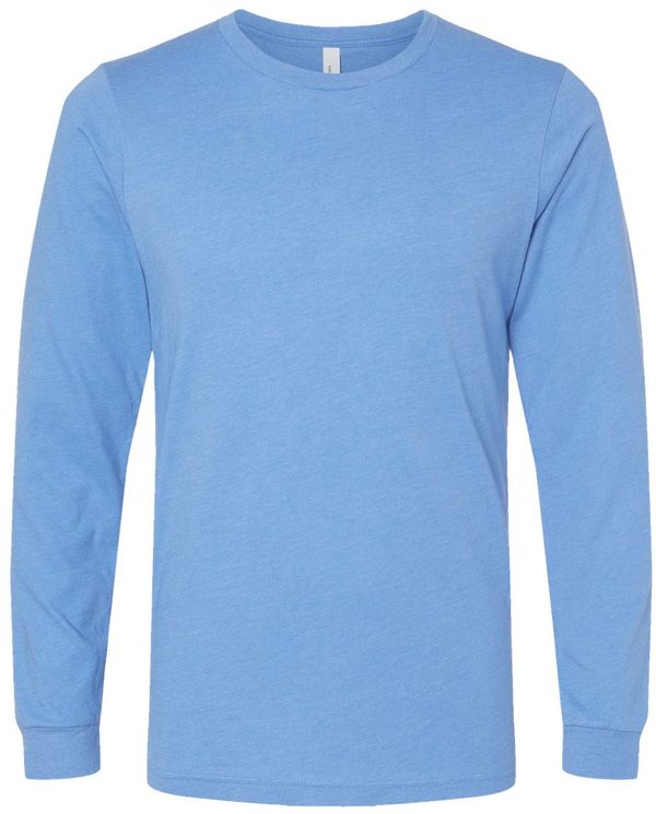 Am image of a Custom Bella and Canvas Heather CVC Long Sleeve T Shirts in Heather Carolina Blue!