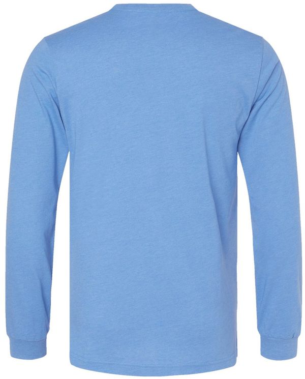 Am image of a Custom Bella and Canvas Heather CVC Long Sleeve T Shirts in Heather Carolina Blue!