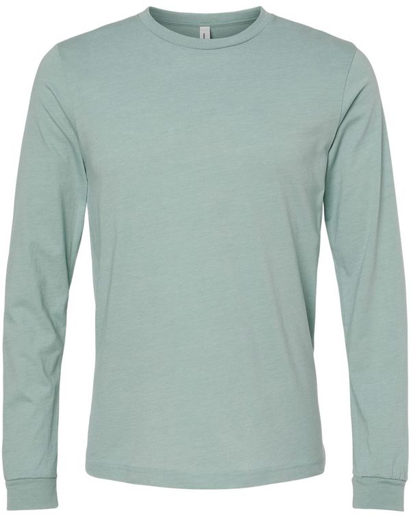 Am image of a Custom Bella and Canvas Heather CVC Long Sleeve T Shirts in Heather Dusty Blue!