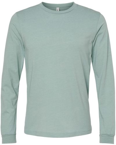 Am image of a Custom Bella and Canvas Heather CVC Long Sleeve T Shirts in Heather Dusty Blue!