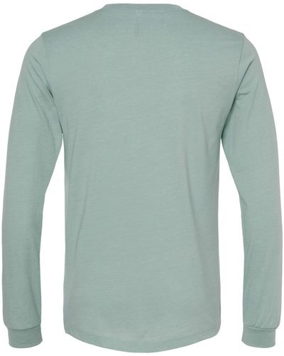 Am image of a Custom Bella and Canvas Heather CVC Long Sleeve T Shirts in Heather Dusty Blue!