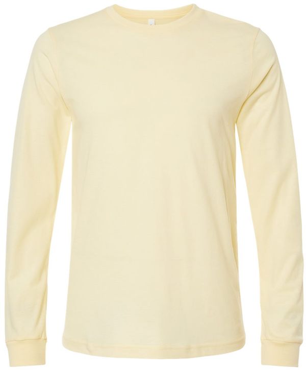 Am image of a Custom Bella and Canvas Heather CVC Long Sleeve T Shirts in Heather French Vanilla!