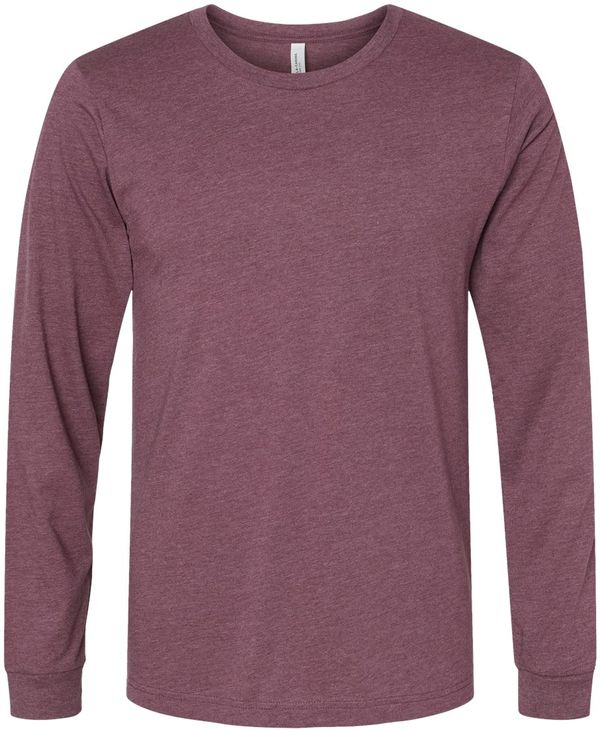 Am image of a Custom Bella and Canvas Heather CVC Long Sleeve T Shirts in Heather Maroon!