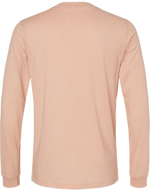 Am image of a Custom Bella and Canvas Heather CVC Long Sleeve T Shirts in Heather Peach!
