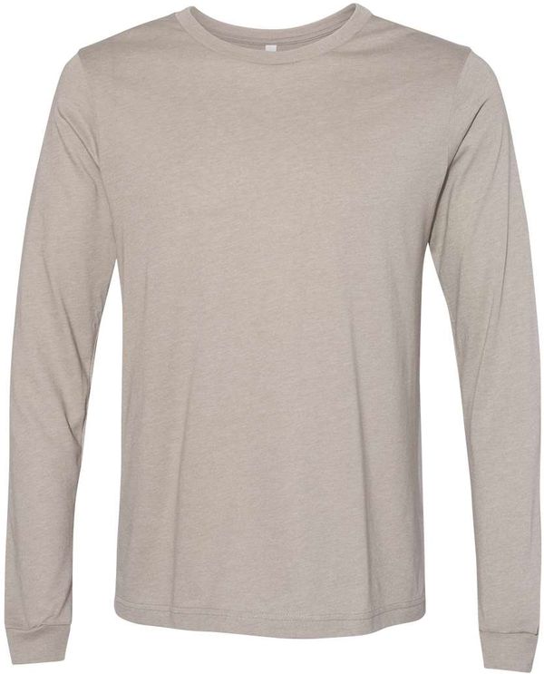 Am image of a Custom Bella and Canvas Heather CVC Long Sleeve T Shirts in Heather Stone!