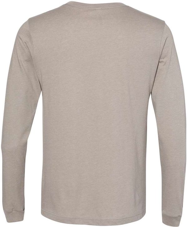 Am image of a Custom Bella and Canvas Heather CVC Long Sleeve T Shirts in Heather Stone!