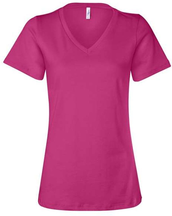 Am image of a Custom Bella and Canvas Ladies' Relaxed Jersey V Neck T Shirt in Berry!