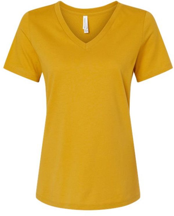 Am image of a Custom Bella and Canvas Ladies' Relaxed Jersey V Neck T Shirt in Mustard!