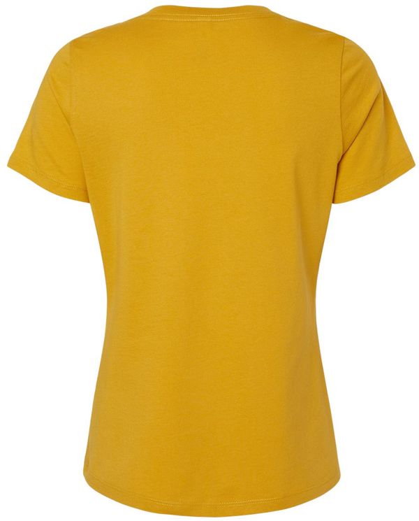 Am image of a Custom Bella and Canvas Ladies' Relaxed Jersey V Neck T Shirt in Mustard!