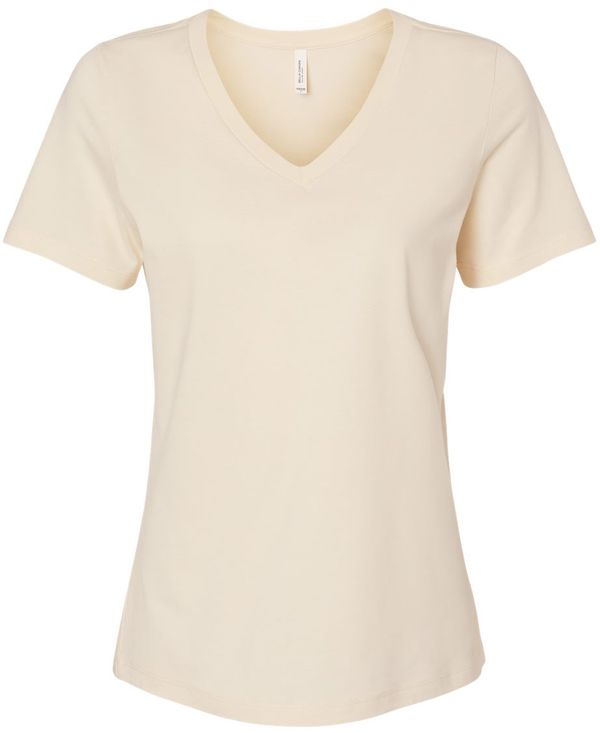 Am image of a Custom Bella and Canvas Ladies' Relaxed Jersey V Neck T Shirt in Natural!