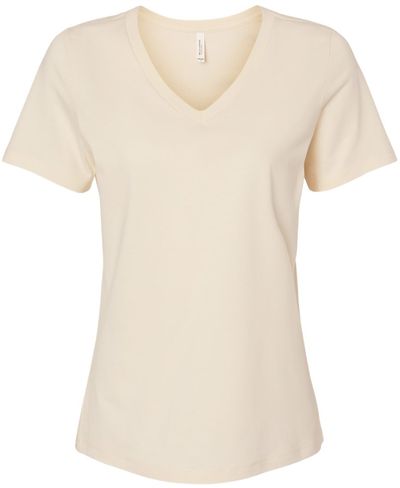 Am image of a Custom Bella and Canvas Ladies' Relaxed Jersey V Neck T Shirt in Natural!
