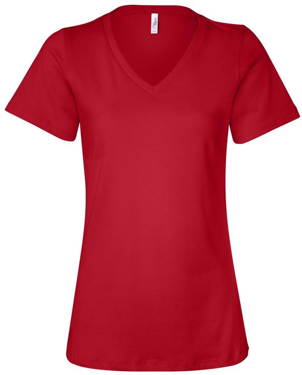 Am image of a Custom Bella and Canvas Ladies' Relaxed Jersey V Neck T Shirt in Red!