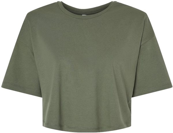 Am image of a Custom Bella and Canvas Ladies Jersey Cropped T Shirt in Military Green!